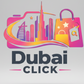 Logo of Dubai Click with colorful skyline and shopping bag design on a white background